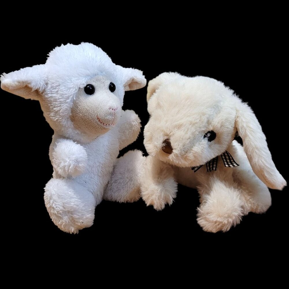 Set of White Lamb & Cream Bunny Rabbit Plush Toys 6" Bow Detail Easter